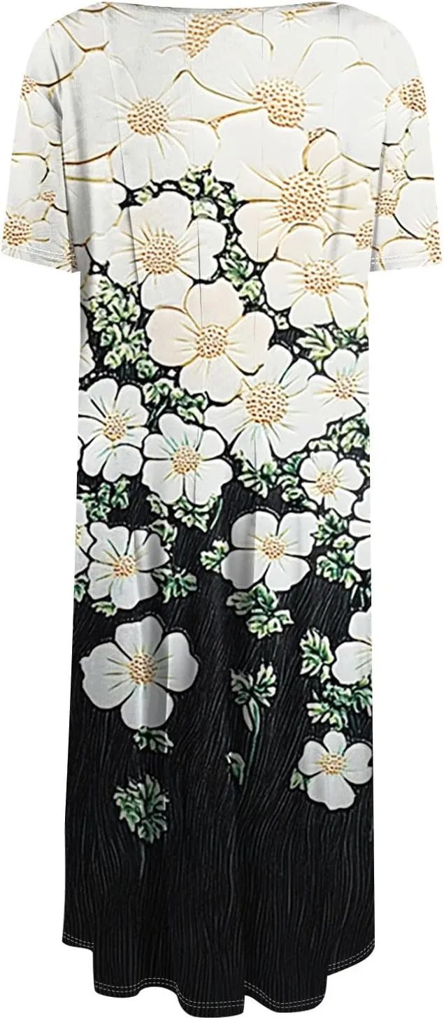 Women's Summer 2025 Midi Dresses Trendy Casual Wrap Floral Printed Crew Neck A Line Dress