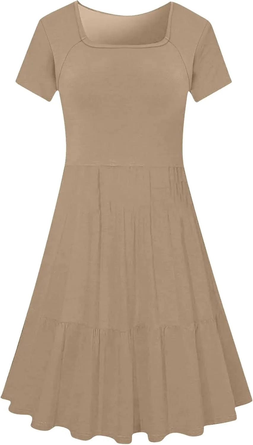 Womens Summer Casual Dresses Short Sleeve Square Neck Babydoll Dress Flowy Vacation A-Line Cute Beach Sundress