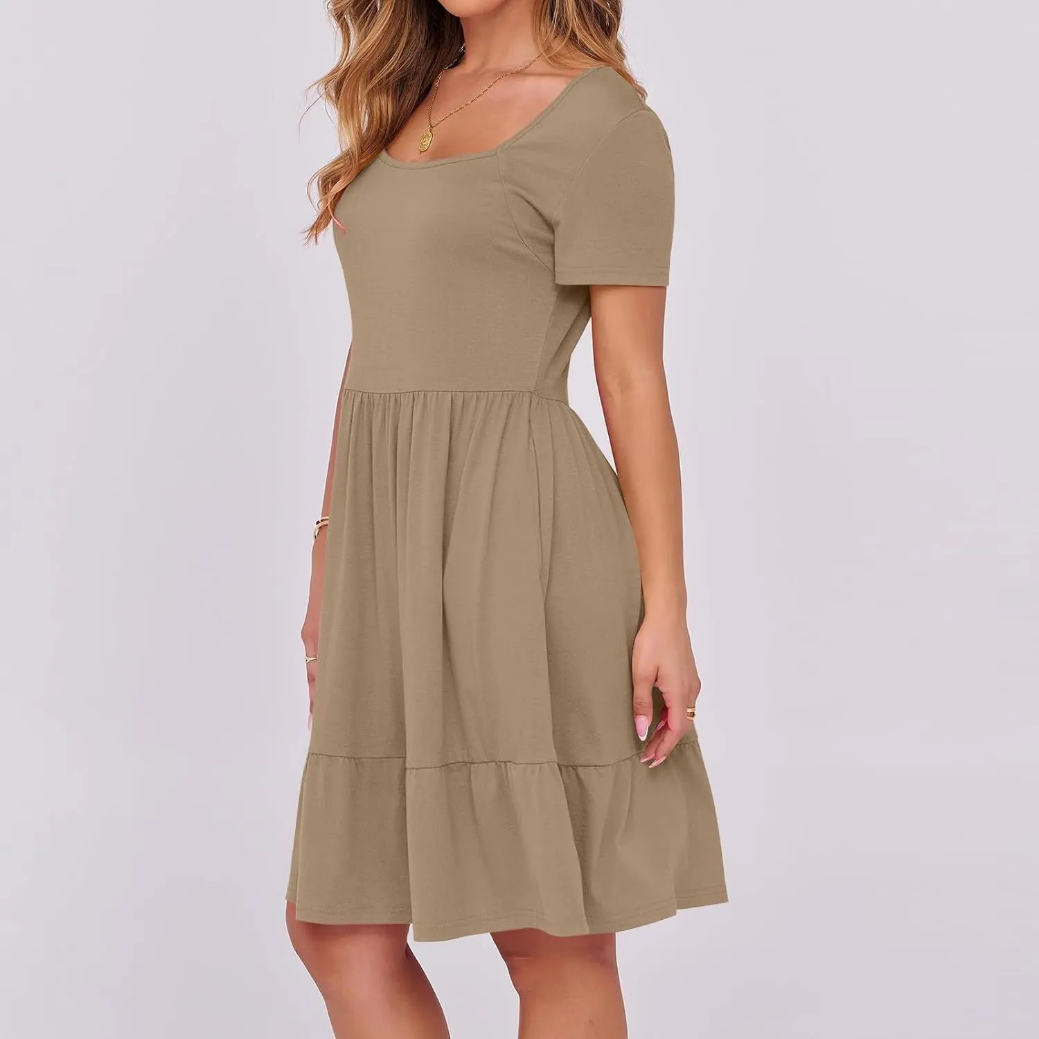 Womens Summer Casual Dresses Short Sleeve Square Neck Babydoll Dress Flowy Vacation A-Line Cute Beach Sundress