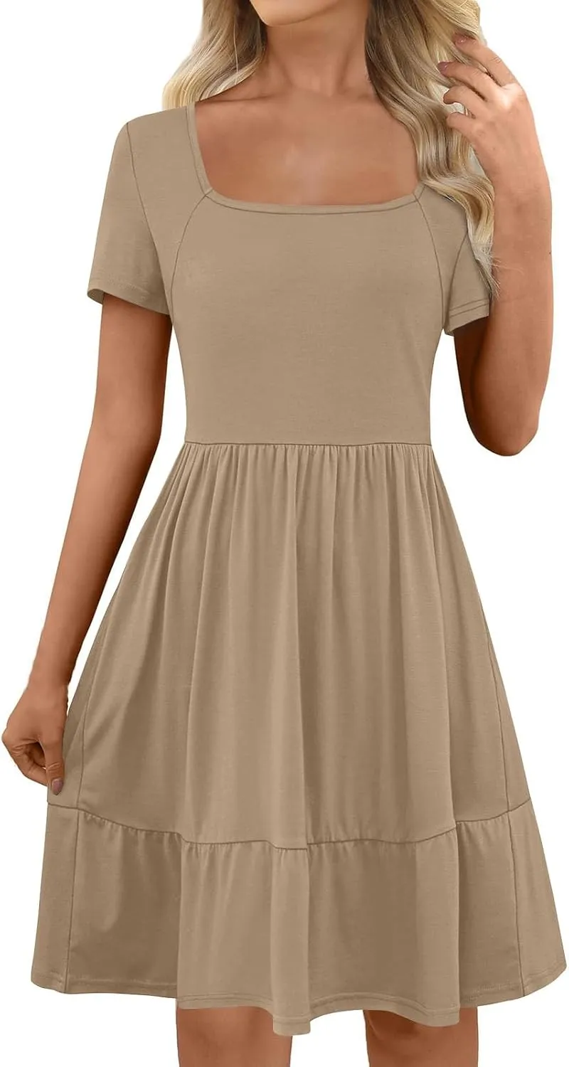 Womens Summer Casual Dresses Short Sleeve Square Neck Babydoll Dress Flowy Vacation A-Line Cute Beach Sundress