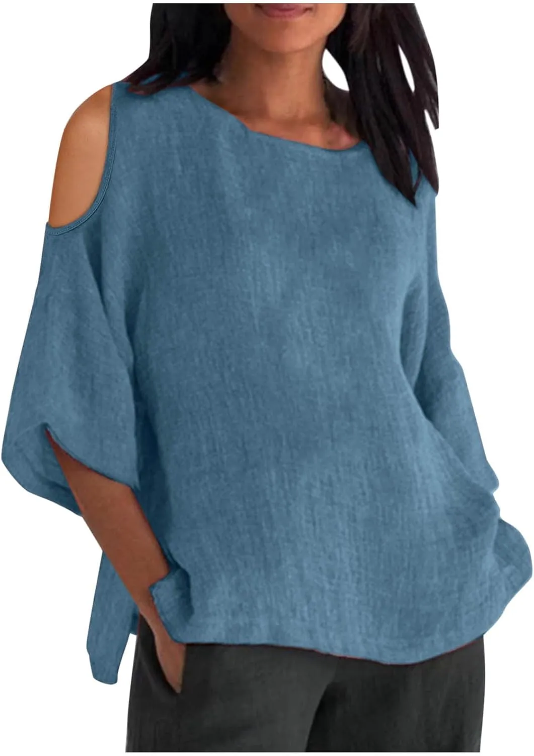 Women's Summer Cotton Linen T-Shirt Off Shoulder Loose Fit Blouse Top Solid Color Short Sleeve Comfy Trendy Blouse