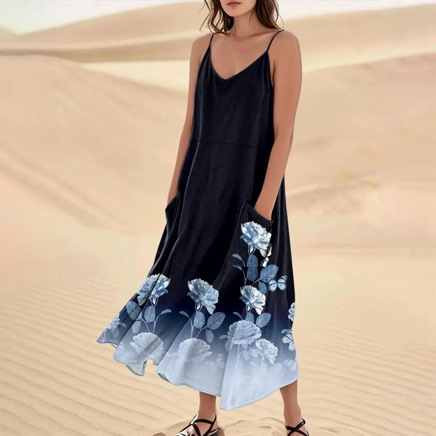 Womens Summer Dresses 2025 Trendy Beach Print Dresses Elegant Vacation Sleeveless Sundress Casual V Neck Maxi-Dress