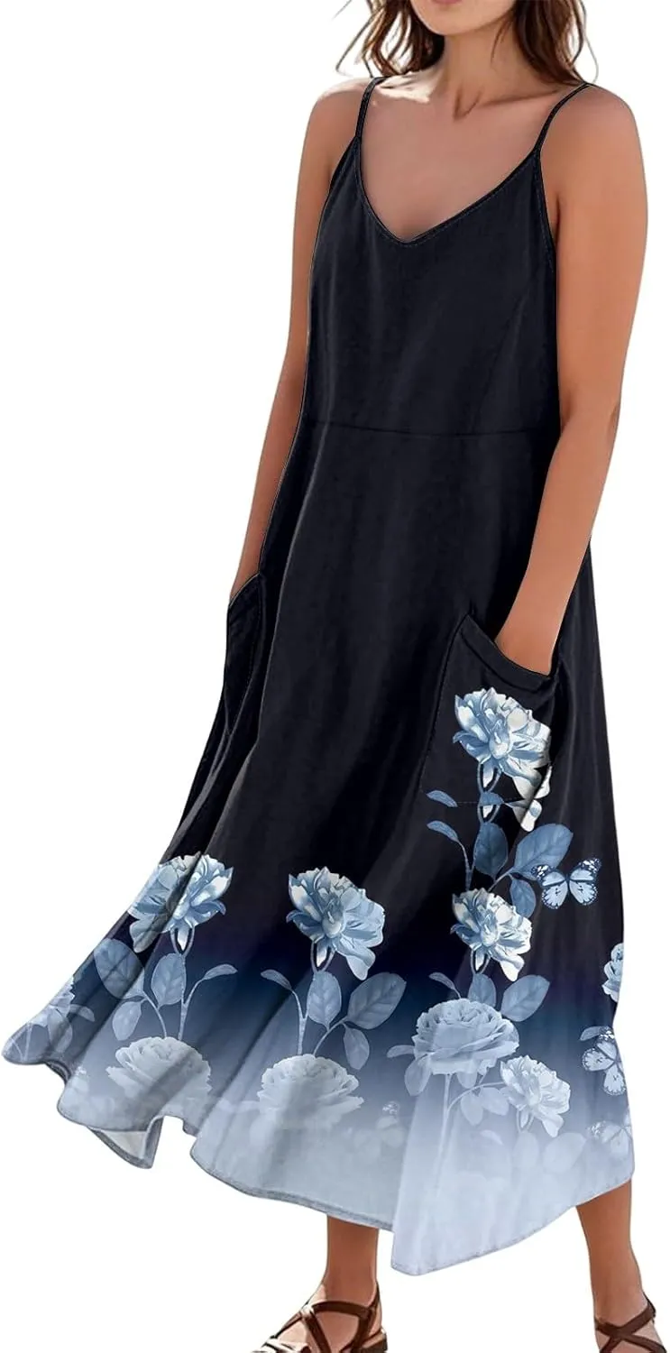 Womens Summer Dresses 2025 Trendy Beach Print Dresses Elegant Vacation Sleeveless Sundress Casual V Neck Maxi-Dress