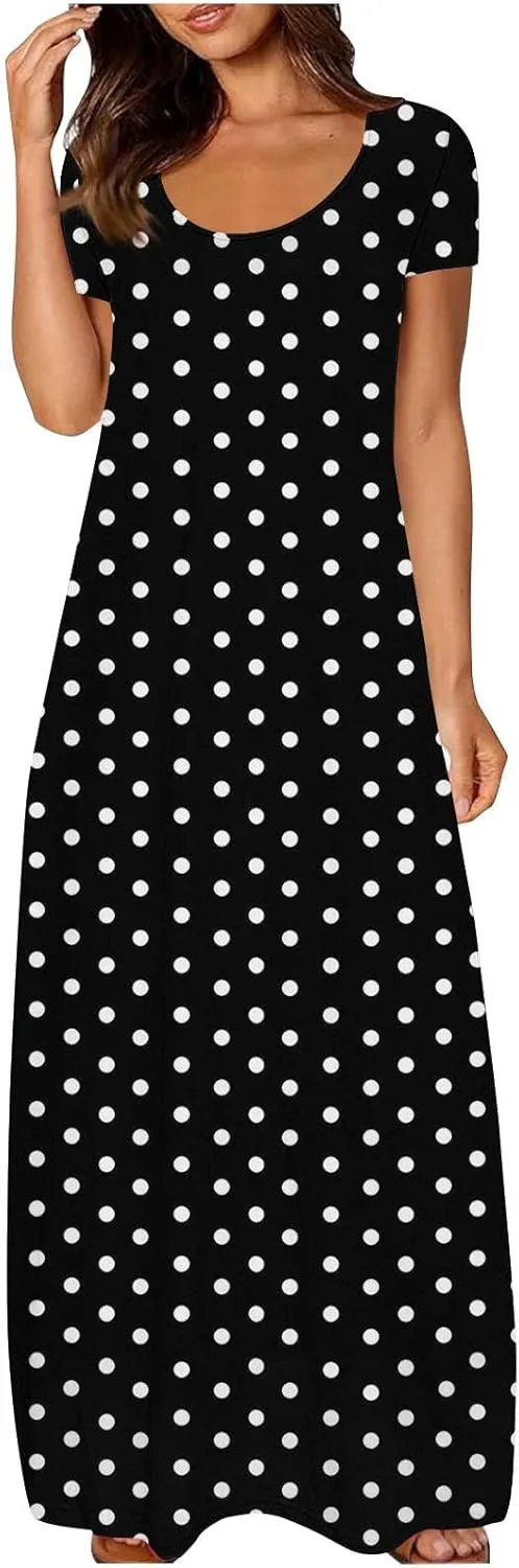 Women's Summer Maxi Dresses Boho Long T Shirts Dresses Plus Size Empire Waist Flowy Beach Dress Short Sleeve Sundress