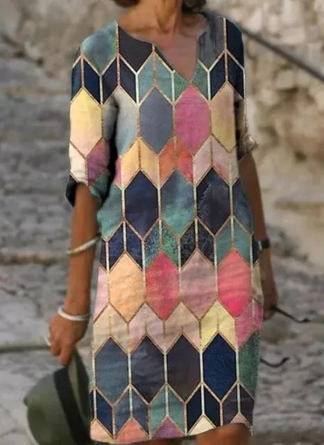 Yeknu Elegant Women Dress Summer Vintage Print V-Neck Half Sleeve A-Line Dress Sundress Fashion Female Loose Dresses Vestidos