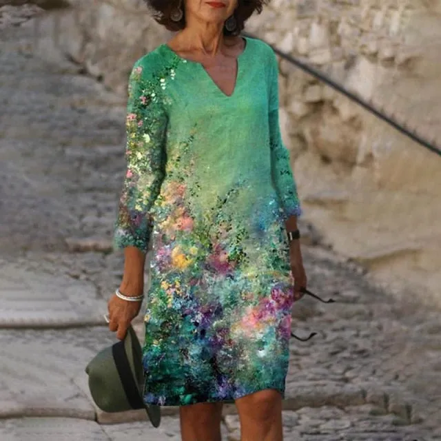 Yeknu Elegant Women Dress Summer Vintage Print V-Neck Half Sleeve A-Line Dress Sundress Fashion Female Loose Dresses Vestidos