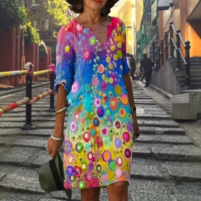 Yeknu Elegant Women Dress Summer Vintage Print V-Neck Half Sleeve A-Line Dress Sundress Fashion Female Loose Dresses Vestidos