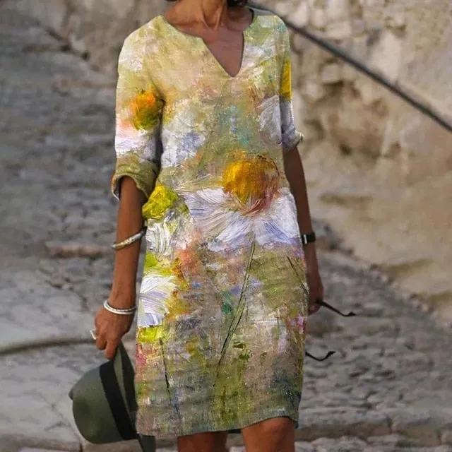 Yeknu Elegant Women Dress Summer Vintage Print V-Neck Half Sleeve A-Line Dress Sundress Fashion Female Loose Dresses Vestidos