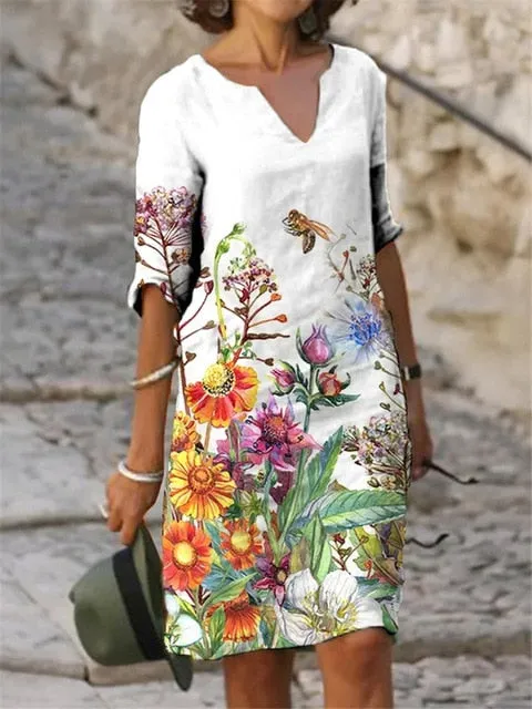Yeknu Elegant Women Dress Summer Vintage Print V-Neck Half Sleeve A-Line Dress Sundress Fashion Female Loose Dresses Vestidos