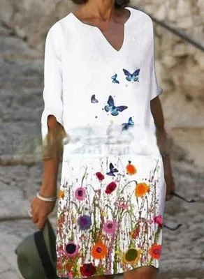 Yeknu Elegant Women Dress Summer Vintage Print V-Neck Half Sleeve A-Line Dress Sundress Fashion Female Loose Dresses Vestidos