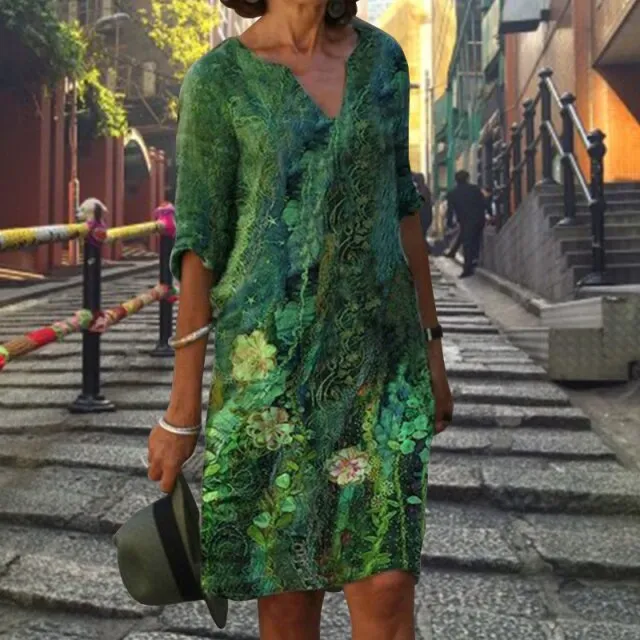 Yeknu Elegant Women Dress Summer Vintage Print V-Neck Half Sleeve A-Line Dress Sundress Fashion Female Loose Dresses Vestidos