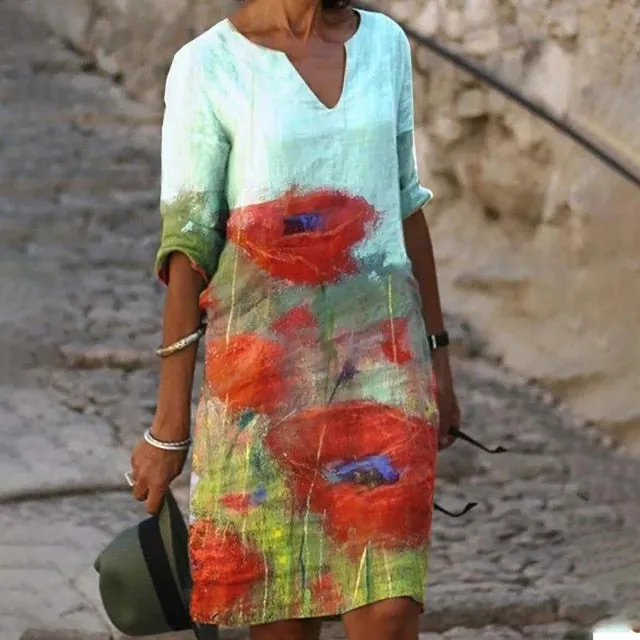 Yeknu Elegant Women Dress Summer Vintage Print V-Neck Half Sleeve A-Line Dress Sundress Fashion Female Loose Dresses Vestidos