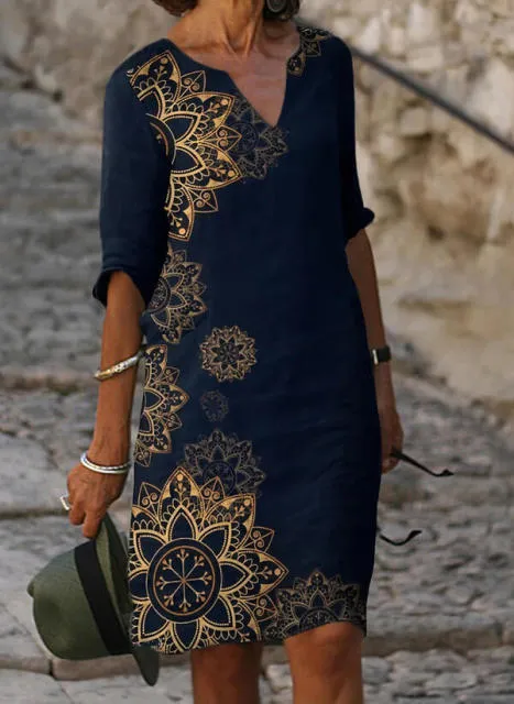 Yeknu Elegant Women Dress Summer Vintage Print V-Neck Half Sleeve A-Line Dress Sundress Fashion Female Loose Dresses Vestidos