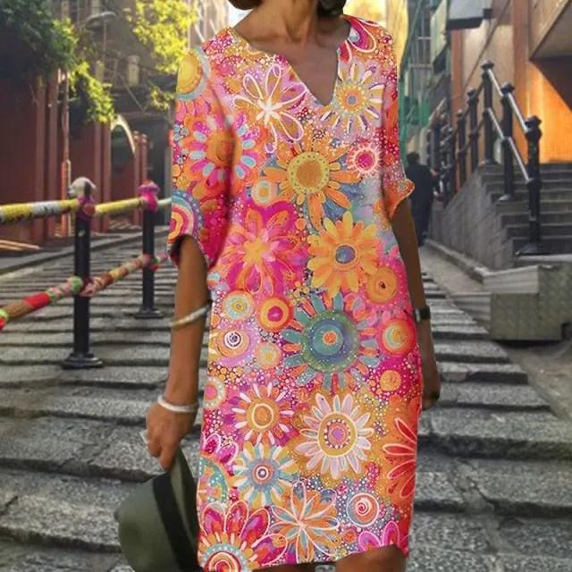 Yeknu Elegant Women Dress Summer Vintage Print V-Neck Half Sleeve A-Line Dress Sundress Fashion Female Loose Dresses Vestidos