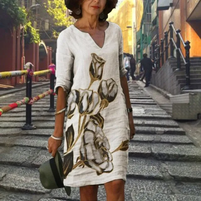 Yeknu Elegant Women Dress Summer Vintage Print V-Neck Half Sleeve A-Line Dress Sundress Fashion Female Loose Dresses Vestidos