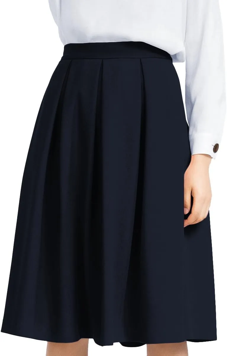 Yige Women's High Waist Flared Skirt Pleated Midi Skirt with Pocket