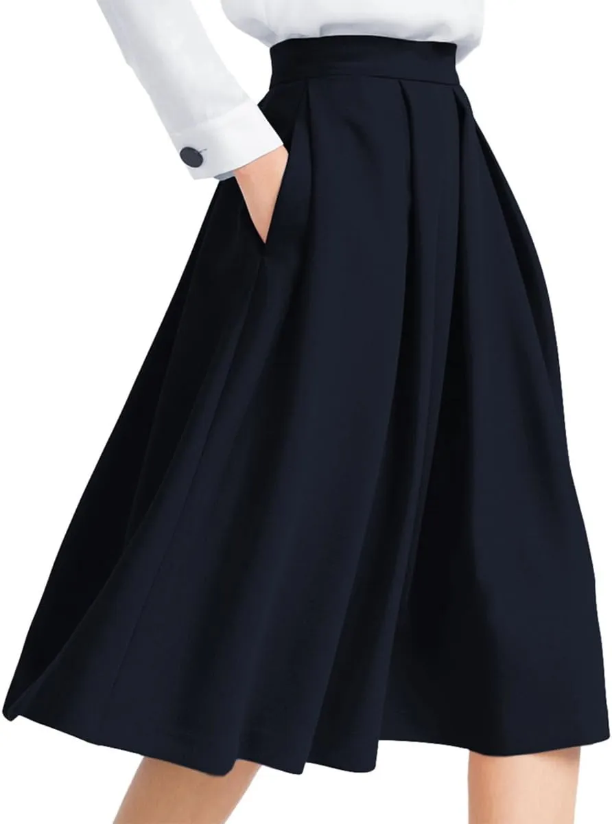 Yige Women's High Waist Flared Skirt Pleated Midi Skirt with Pocket
