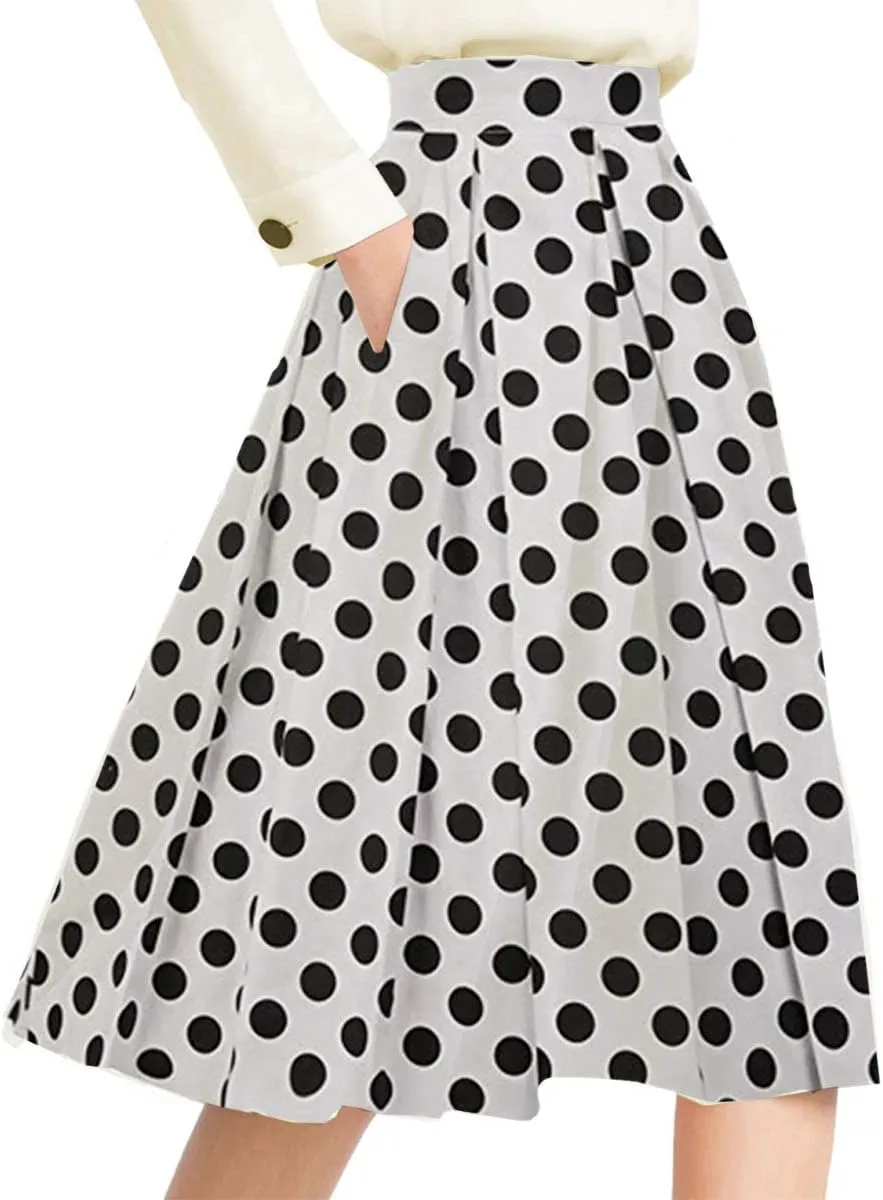 Yige Women's High Waist Flared Skirt Pleated Midi Skirt with Pocket