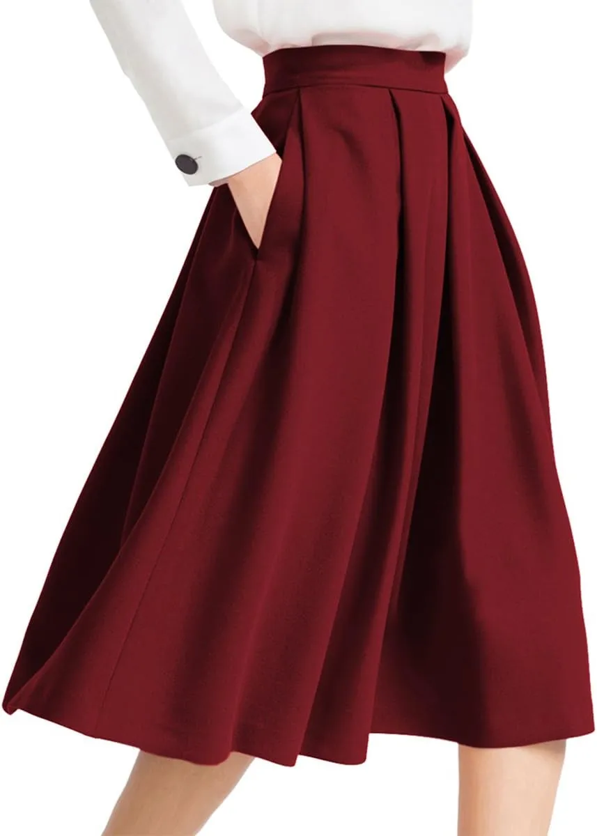 Yige Women's High Waist Flared Skirt Pleated Midi Skirt with Pocket