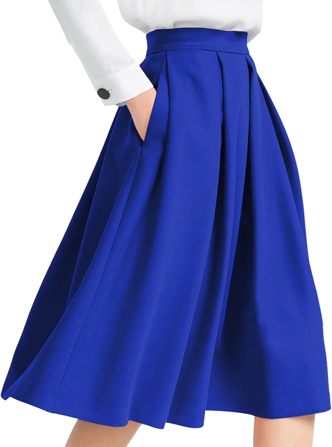 Yige Women's High Waist Flared Skirt Pleated Midi Skirt with Pocket