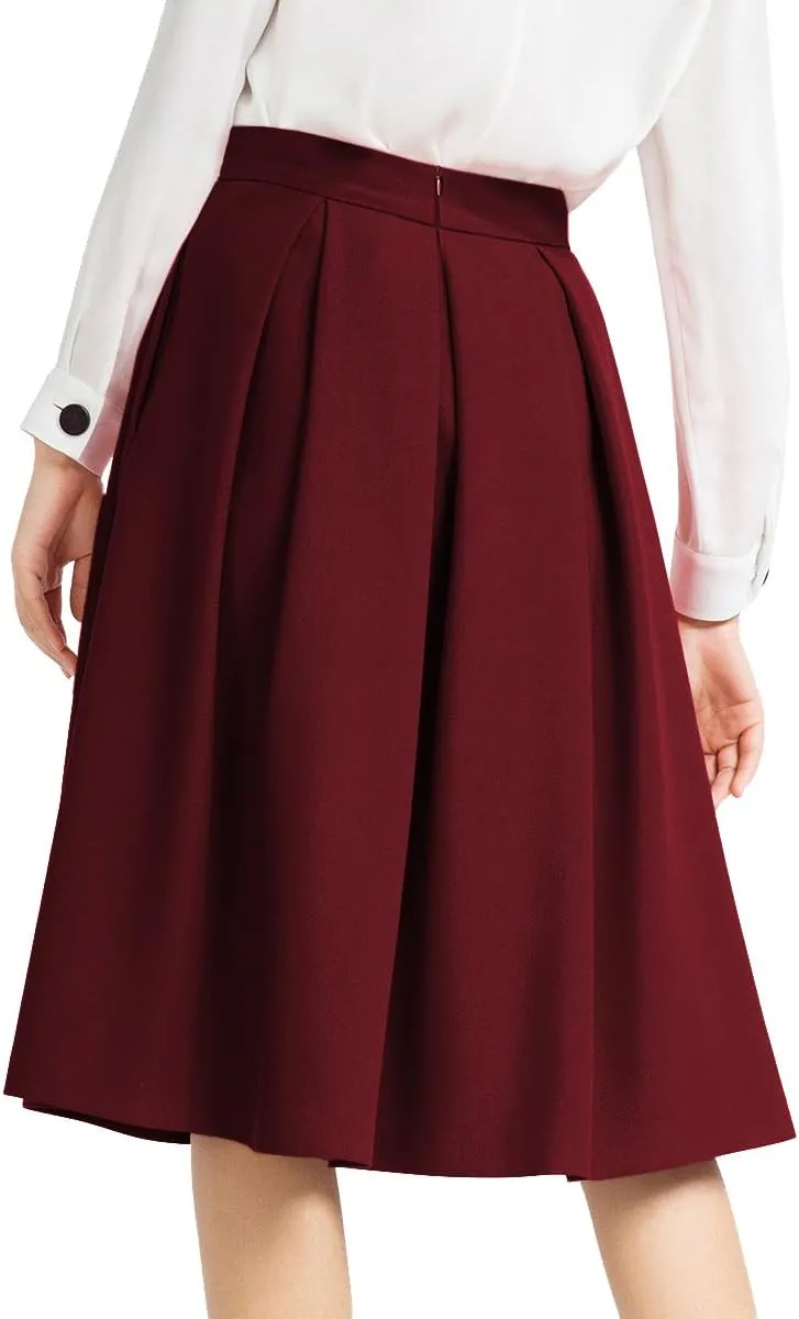 Yige Women's High Waist Flared Skirt Pleated Midi Skirt with Pocket