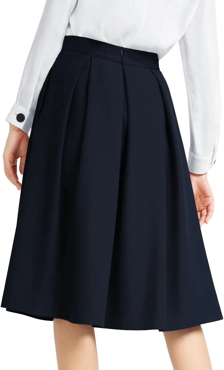 Yige Women's High Waist Flared Skirt Pleated Midi Skirt with Pocket