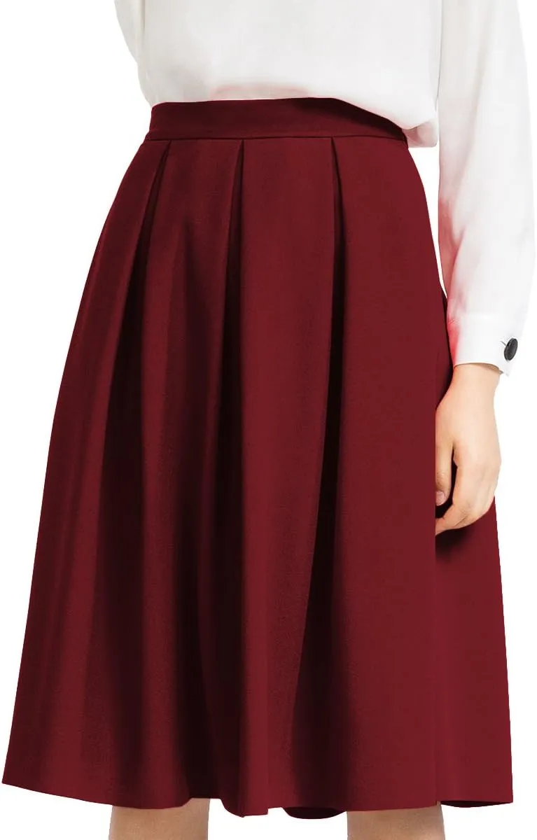 Yige Women's High Waist Flared Skirt Pleated Midi Skirt with Pocket
