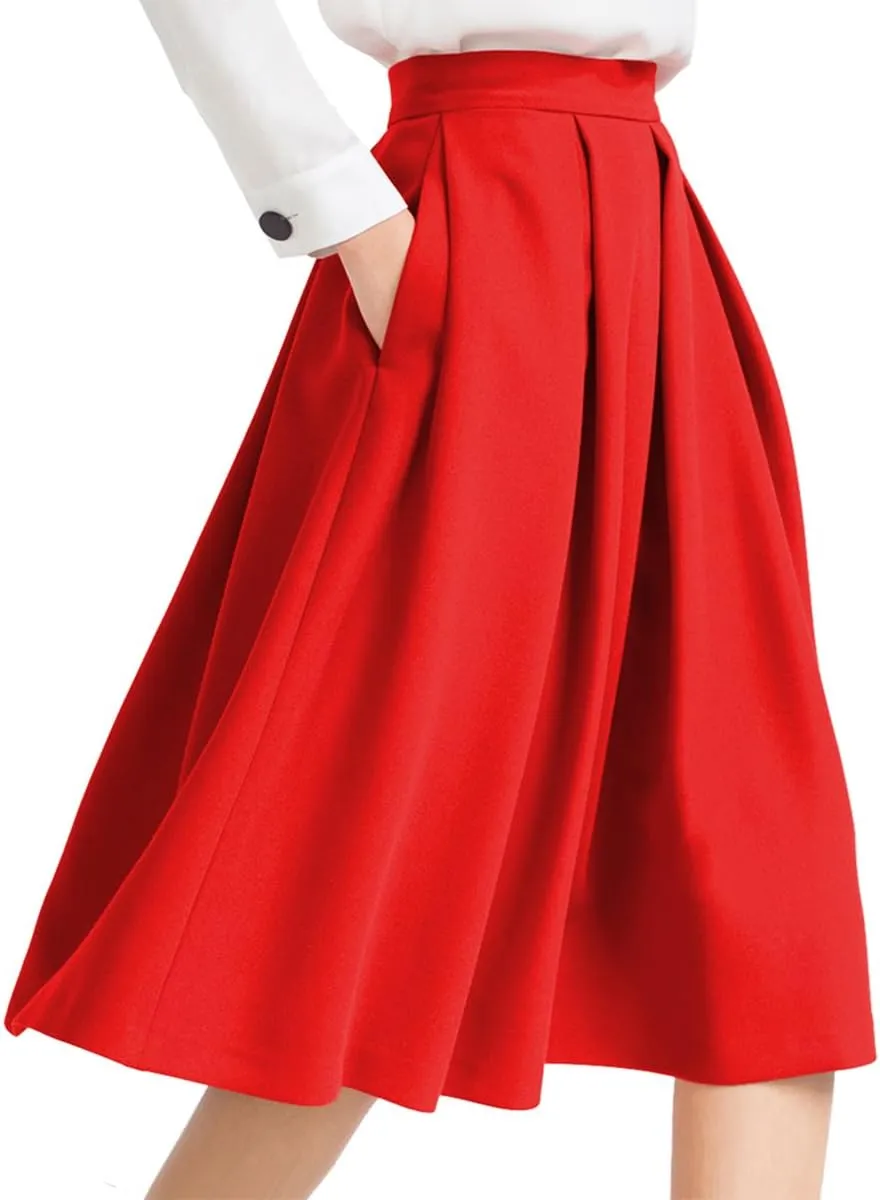Yige Women's High Waist Flared Skirt Pleated Midi Skirt with Pocket