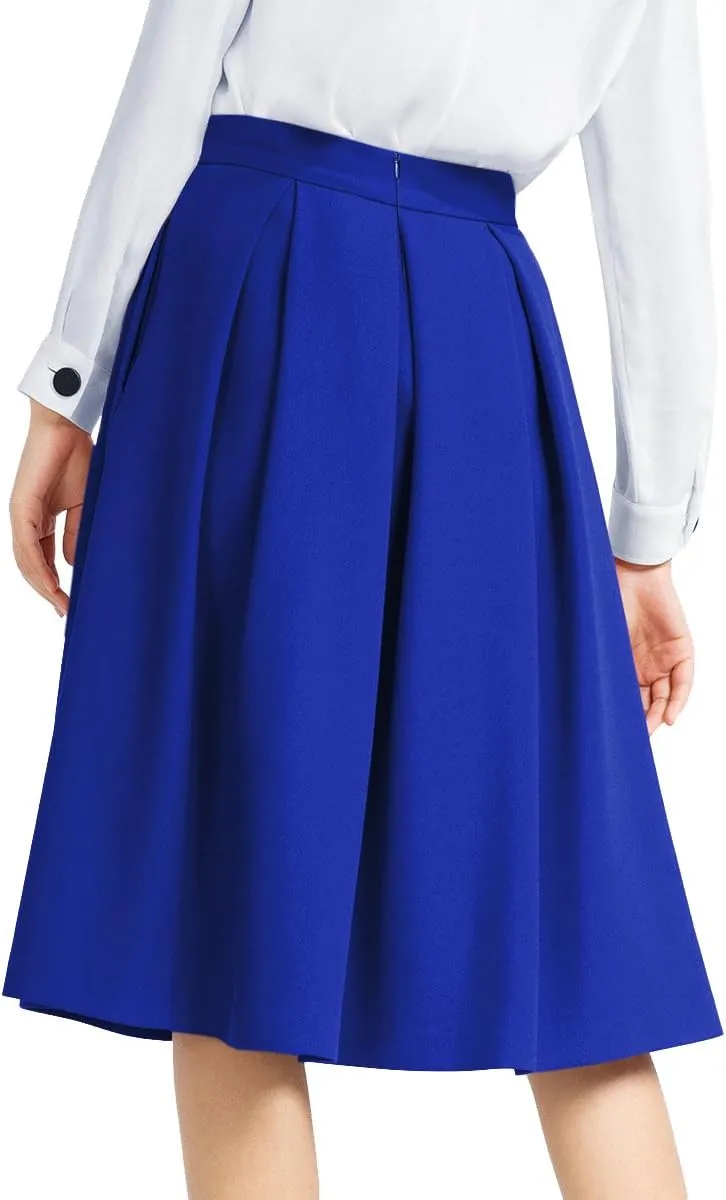 Yige Women's High Waist Flared Skirt Pleated Midi Skirt with Pocket