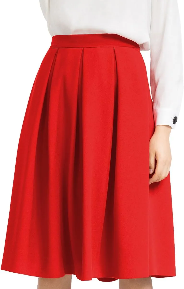Yige Women's High Waist Flared Skirt Pleated Midi Skirt with Pocket